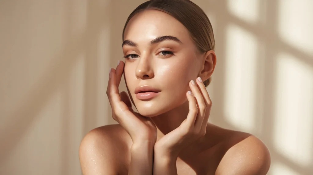 Young woman touching her glowing skin in George, UT | MaVie Med Spa