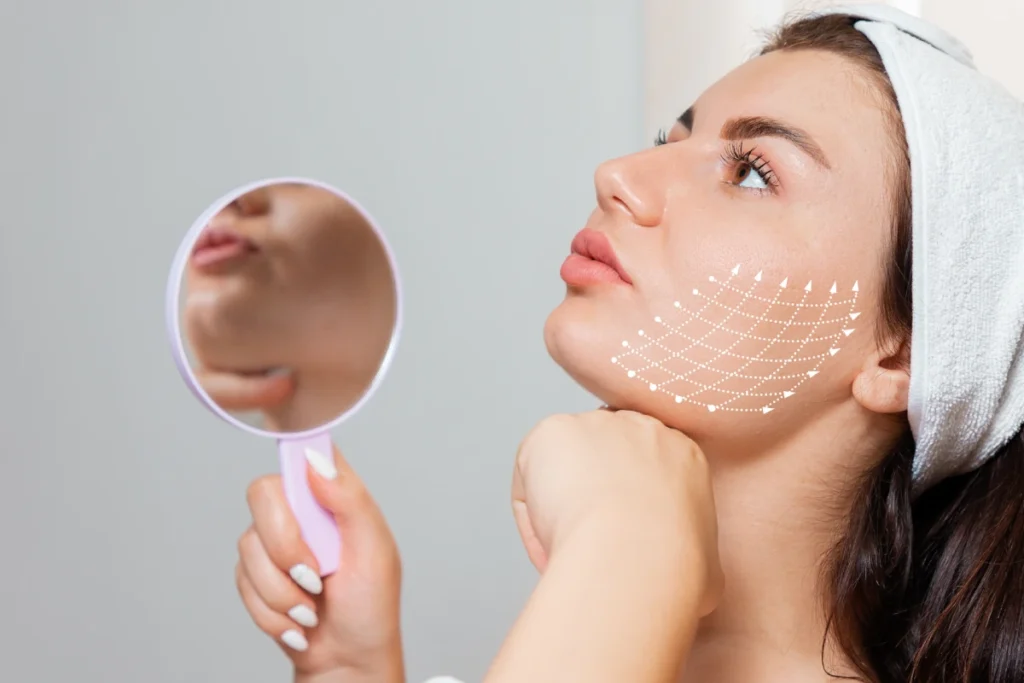 Woman checking face lift lines in mirror | MaVie Med Spa in George, UT